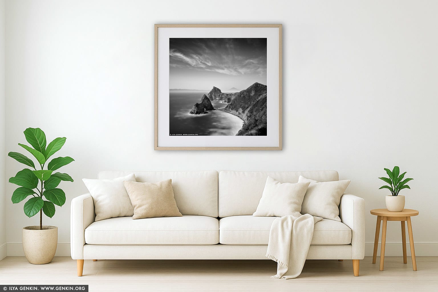 Senganmon and Mt. Fuji wall art in a modern living room interior