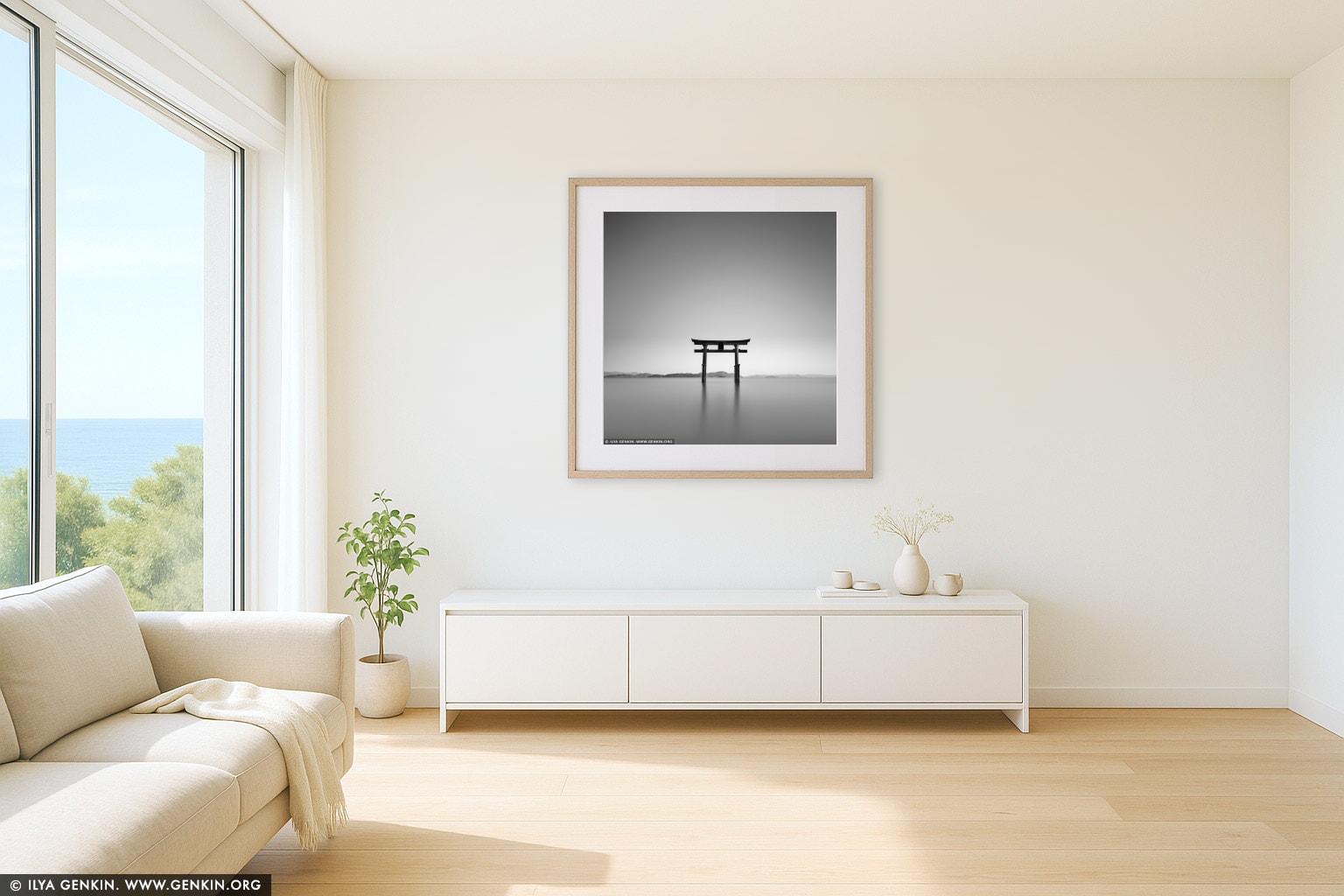 Shirahige-jinja Shrine Floating Torii at Lake Biwa wall art in a contemporary living room interior