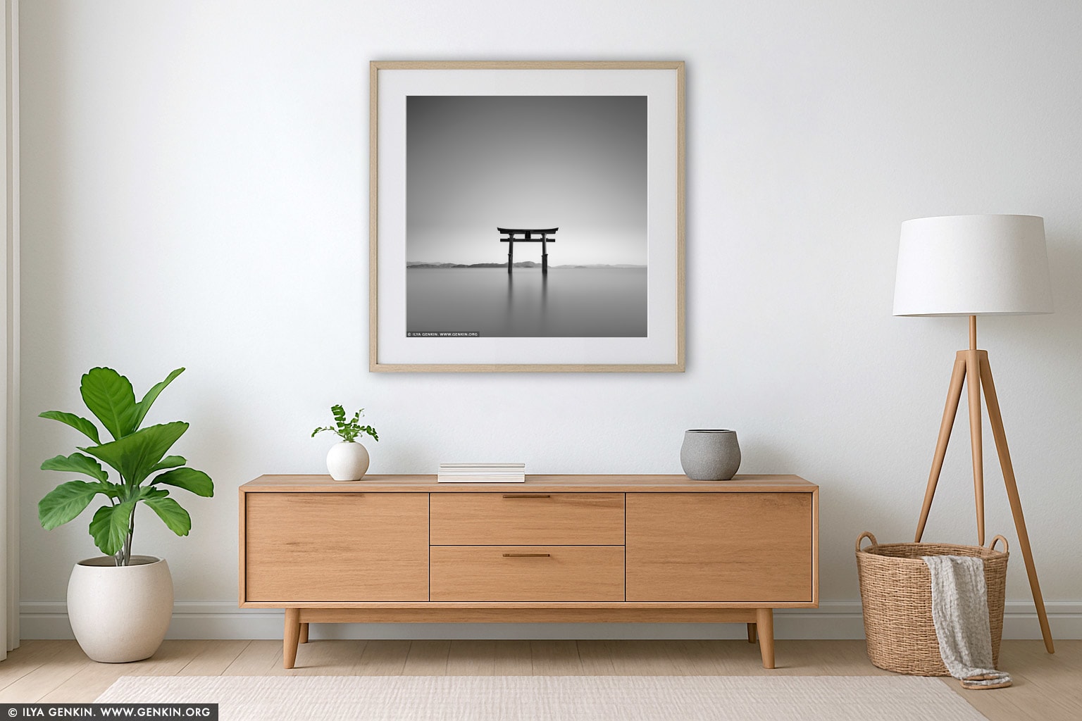 Shirahige-jinja Shrine Floating Torii at Lake Biwa wall art in a minimalist living room interior