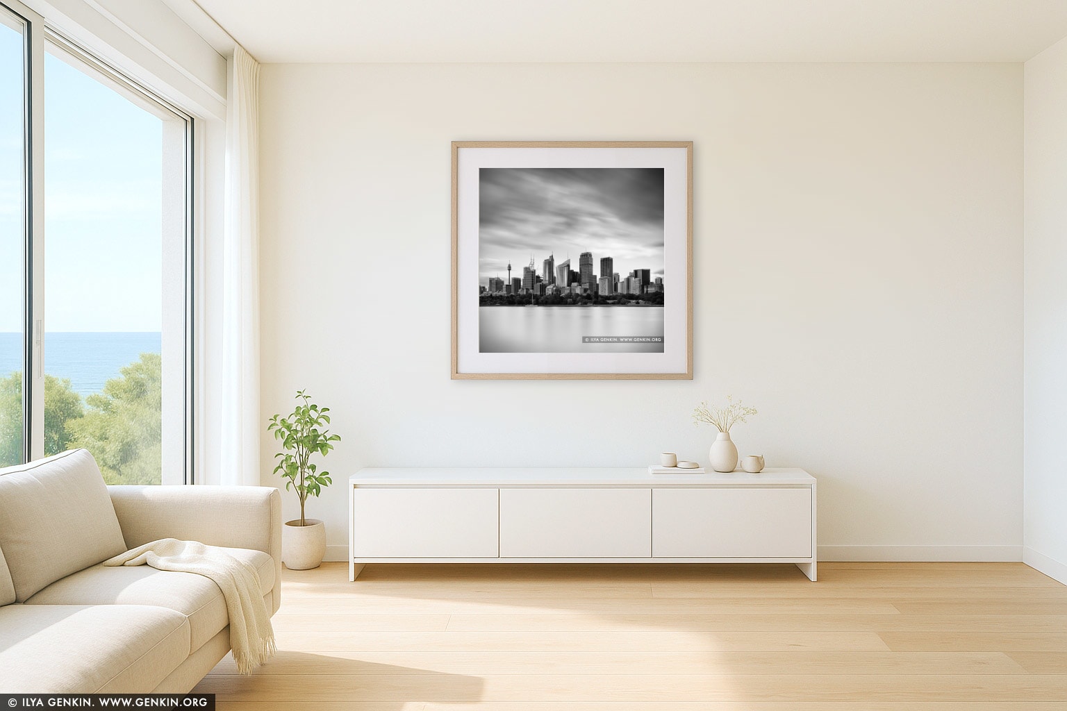 The Sydney City Skyline wall art in a contemporary living room interior