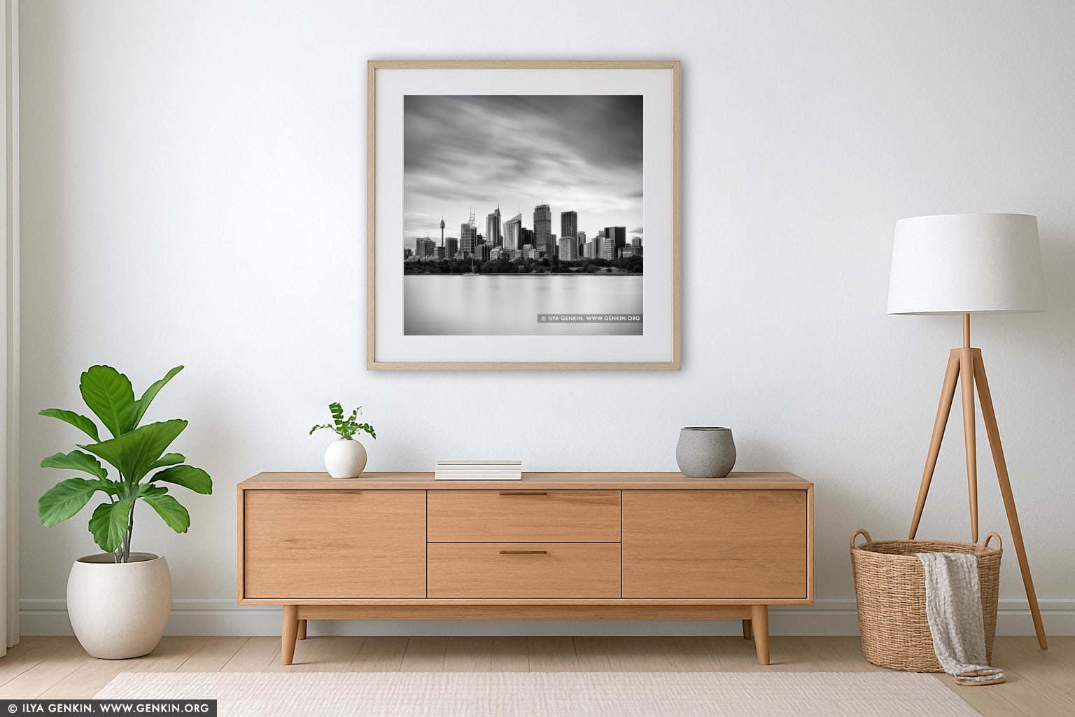 The Sydney City Skyline wall art in a minimalist living room interior