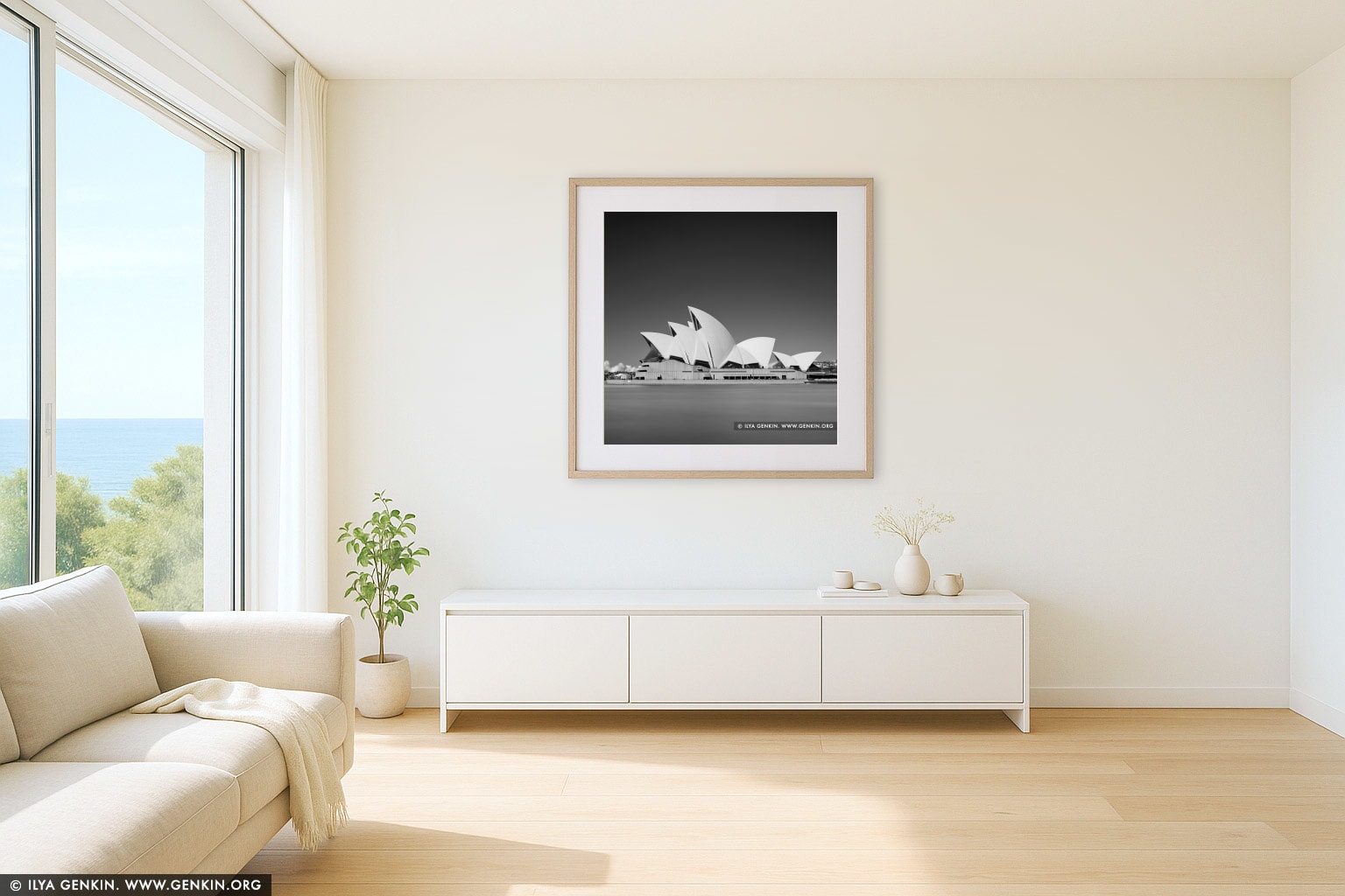 Sydney Opera House Sails wall art in a minimalist living room interior