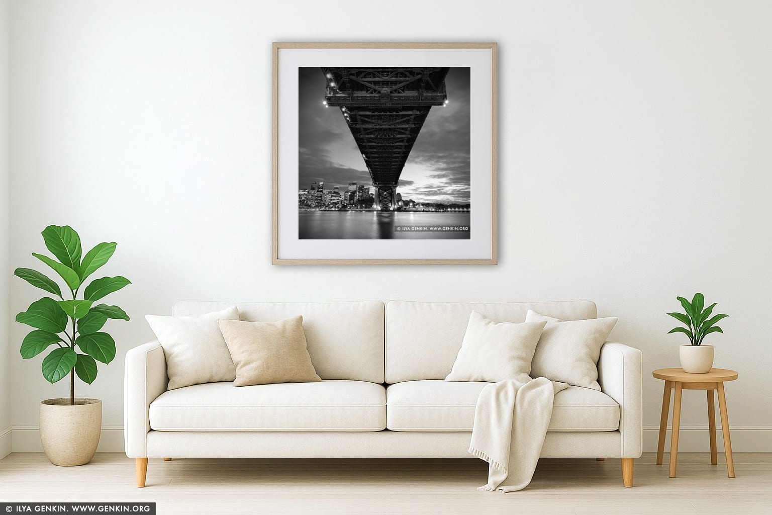 Under The Harbour Bridge wall art in a minimalist living room interior