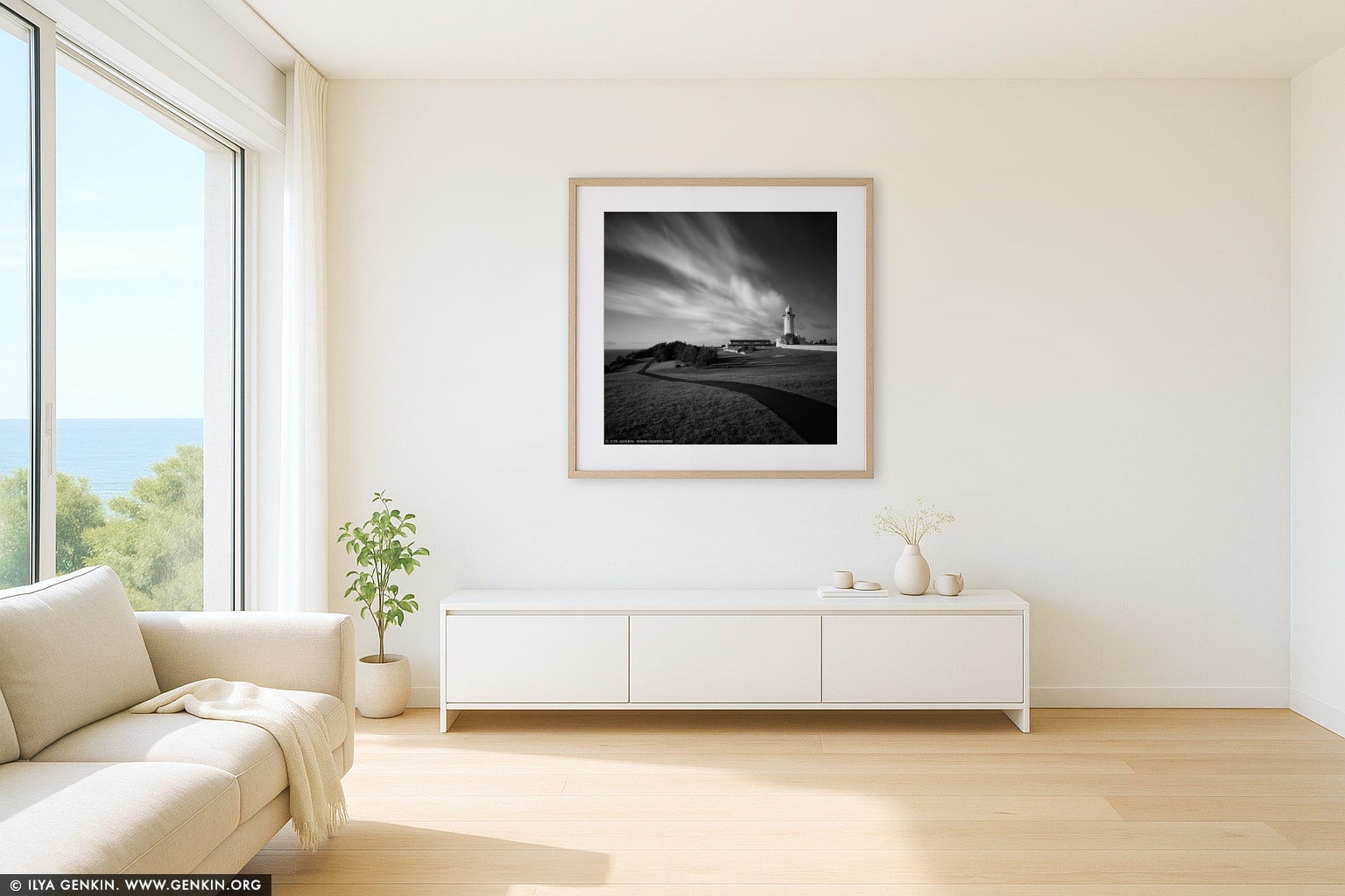 The Macquarie Lighthouse wall art in a contemporary living room interior