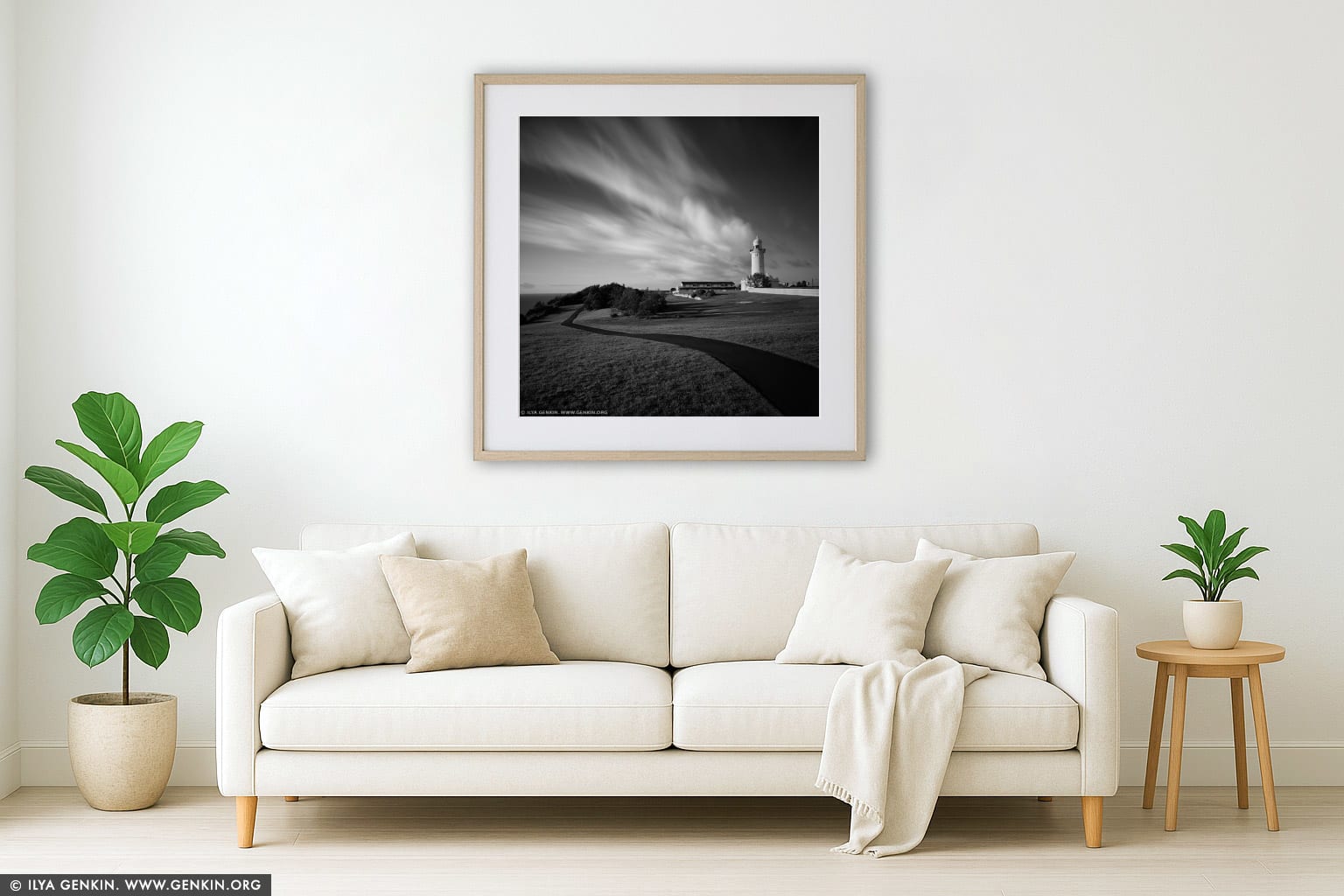 The Macquarie Lighthouse wall art in a modern living room interior