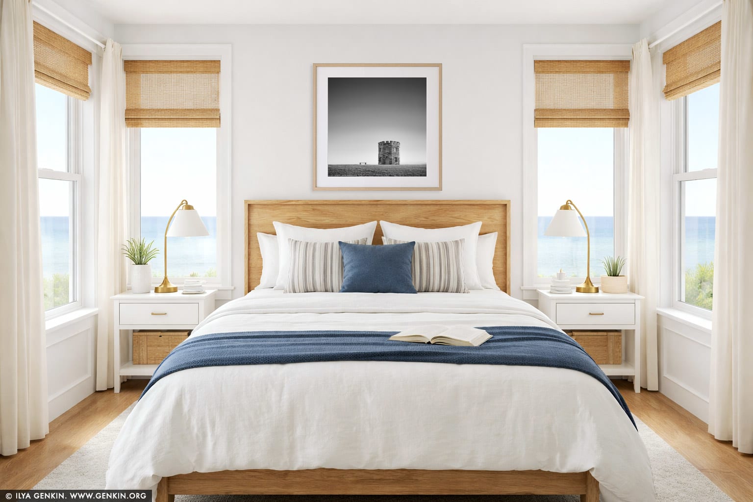 Customs Tower and the Bench wall art in a bedroom interior