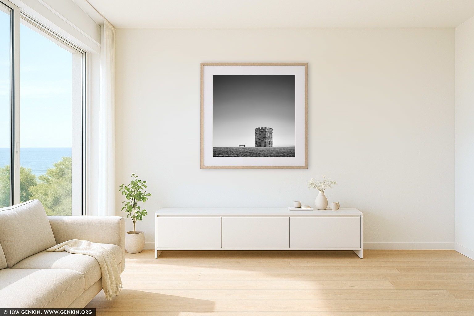 Customs Tower and the Bench wall art in a minimalist living room interior
