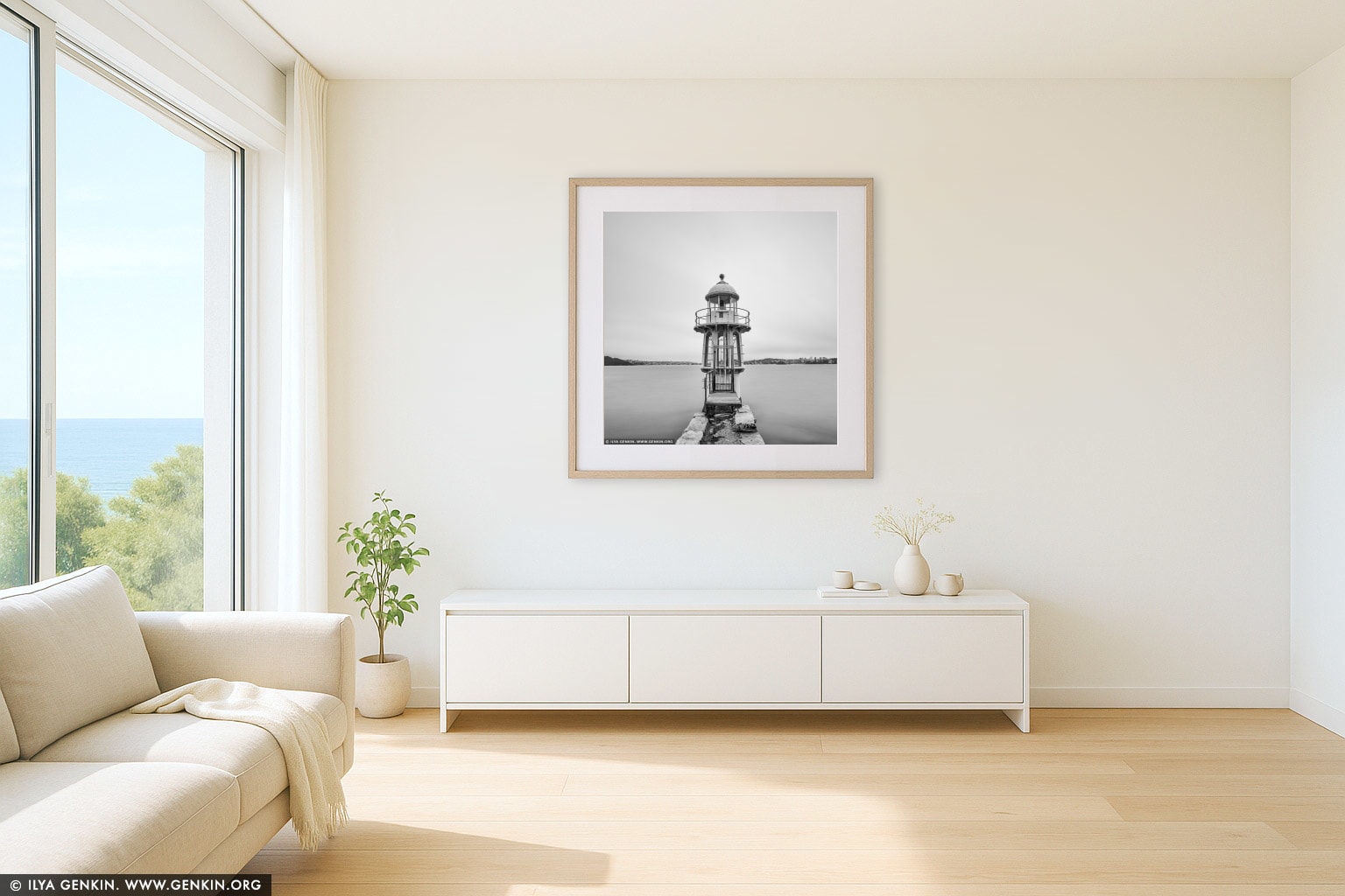 Robertson's Point Lighthouse wall art in a minimalist living room interior