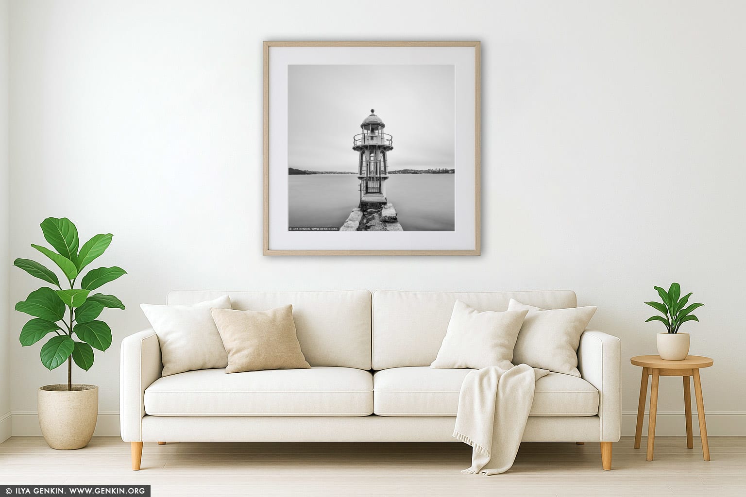 Robertson's Point Lighthouse wall art in a contemporary living room interior