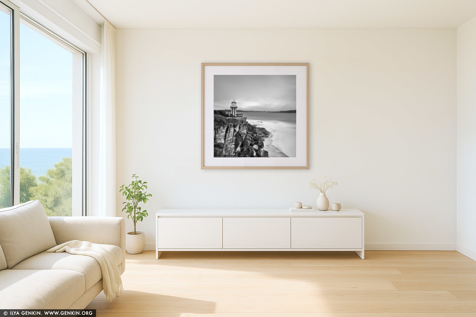 Hornby Lighthouse wall art in a minimalist living room interior