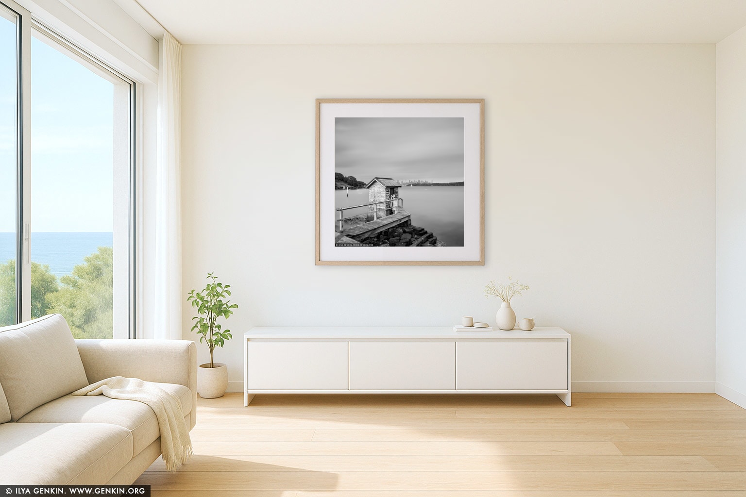 Camp Cove Jetty wall art in a luxury living room interior
