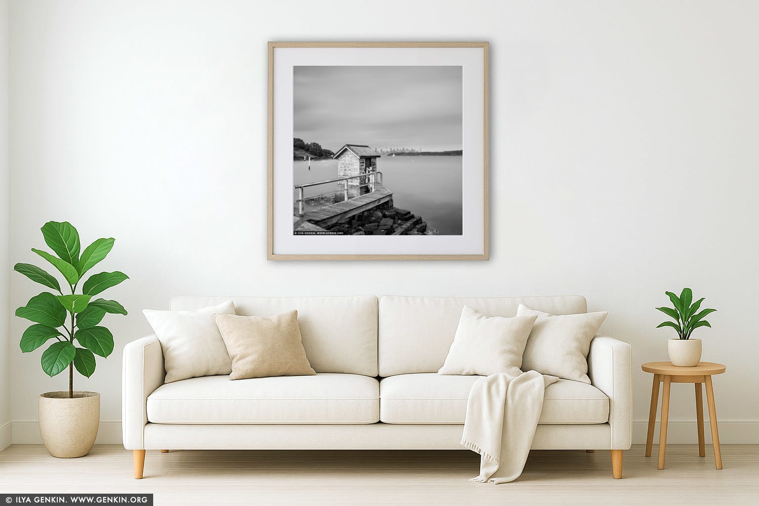 Camp Cove Jetty wall art in a minimalist living room interior