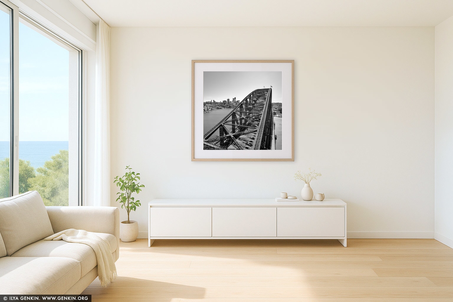 Sydney Harbour Bridge from Pylon Lookout wall art in a modern living room interior