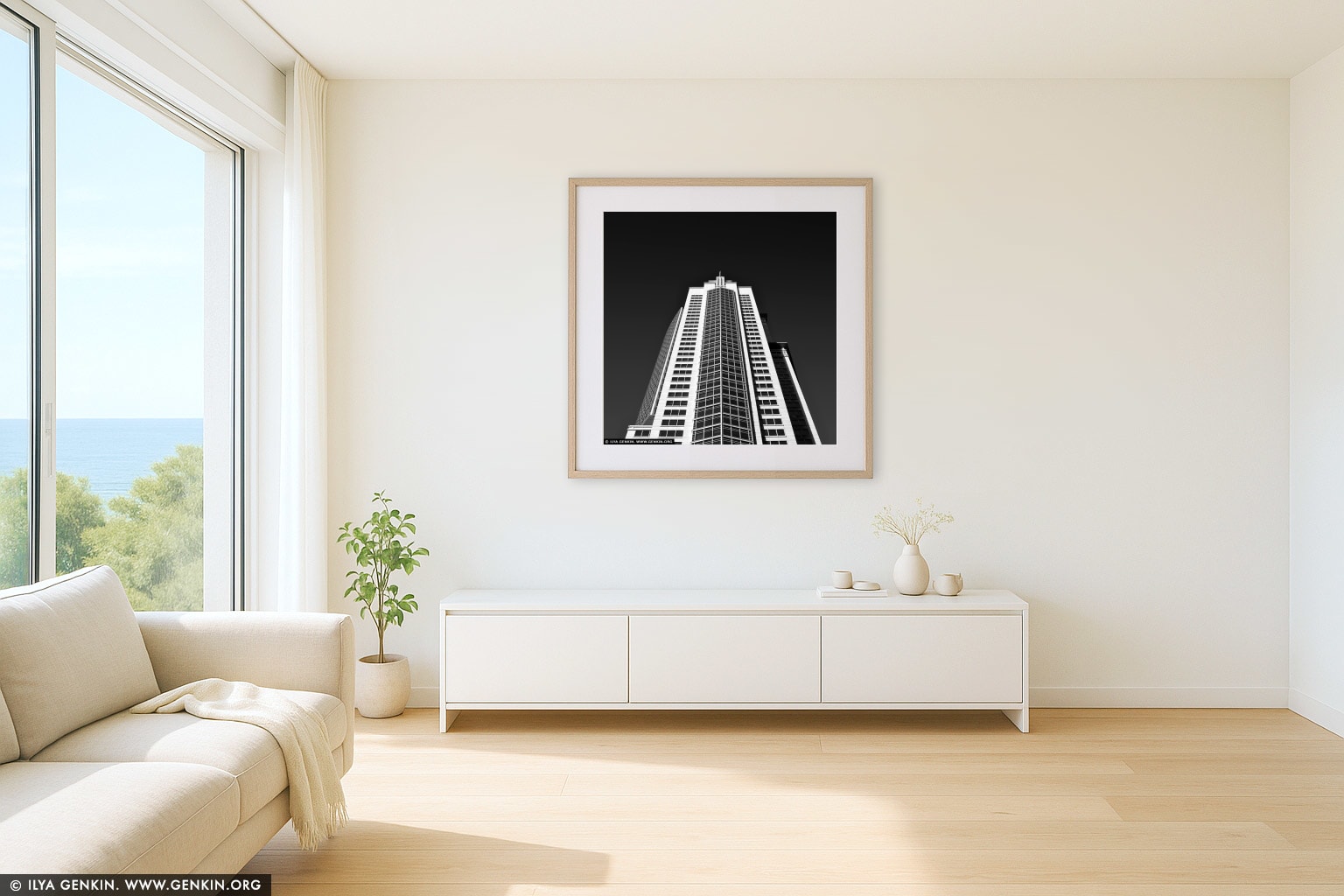 Chifley Tower wall art in a minimalist living room interior
