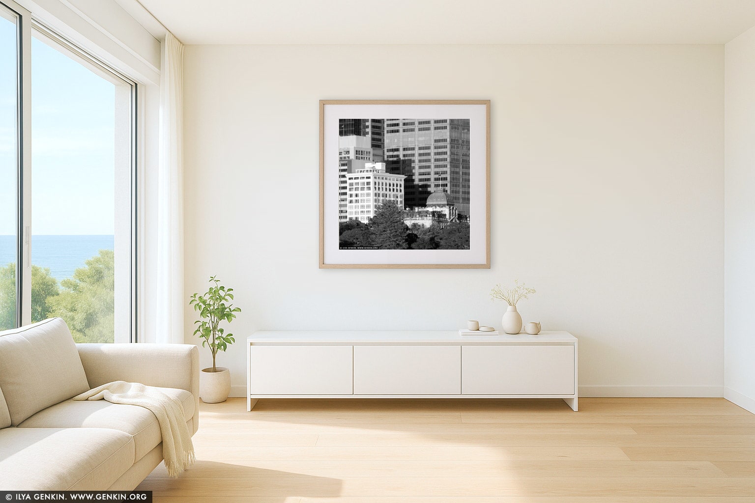 The Astor and Chief Secretary's Building wall art in a contemporary living room interior