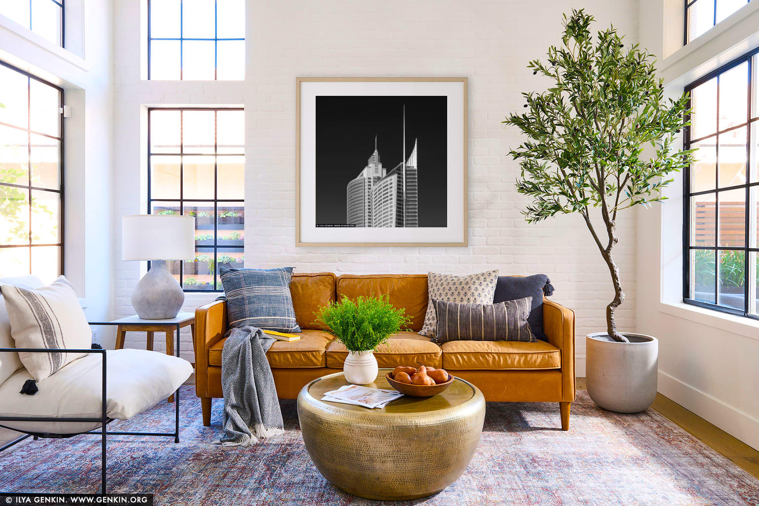 Aurora Place and Chifley Tower wall art in a minimalist living room interior