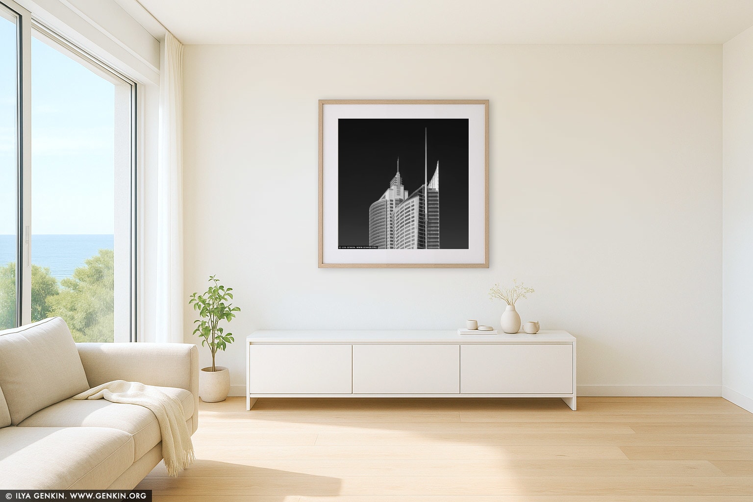 Aurora Place and Chifley Tower wall art in a minimalist living room interior