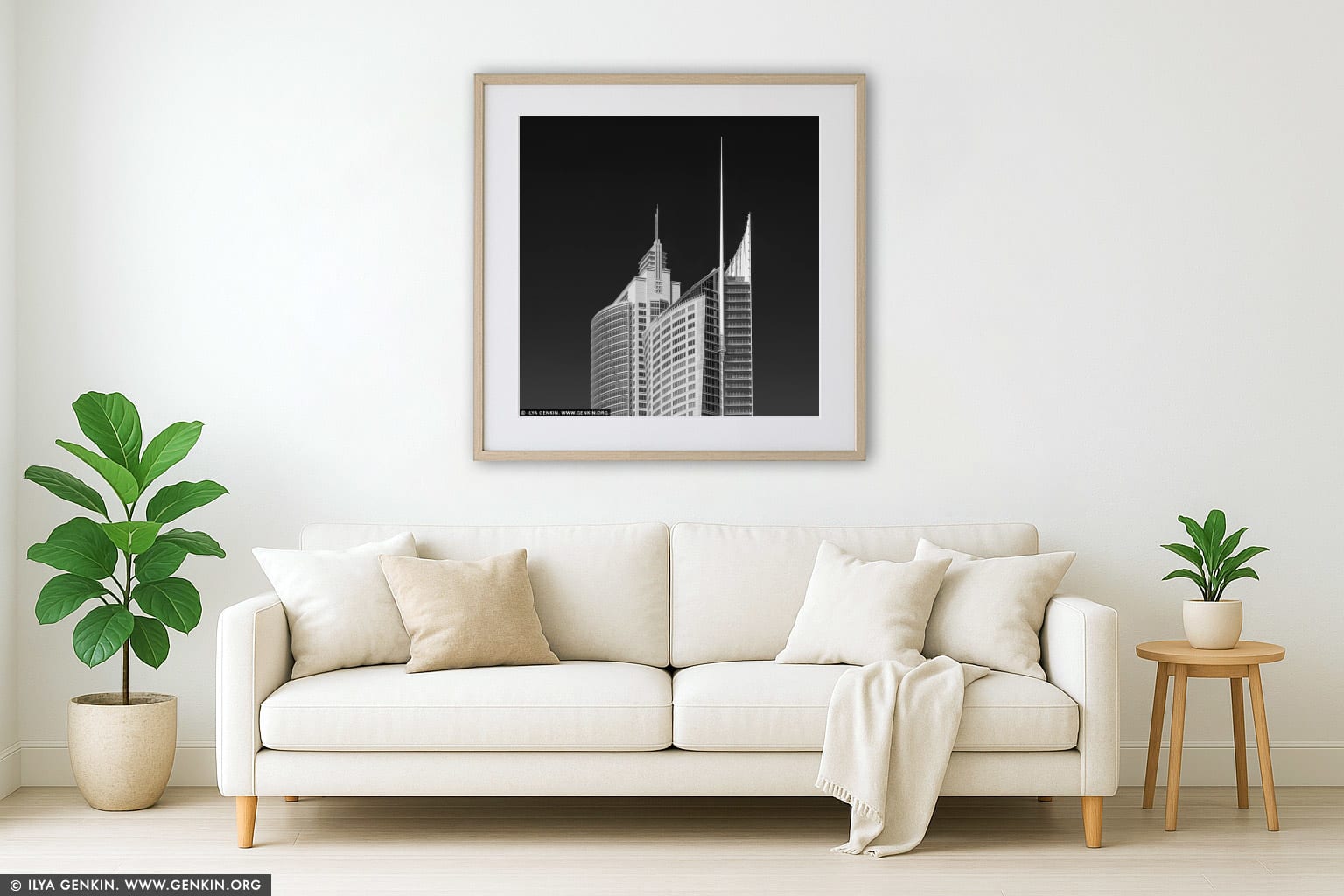 Aurora Place and Chifley Tower wall art in a contemporary living room interior