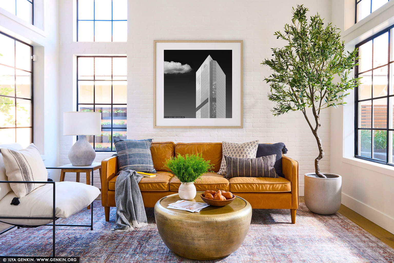 Monolith in the Sky - Gateway Tower in Black & White wall art in a modern living room interior