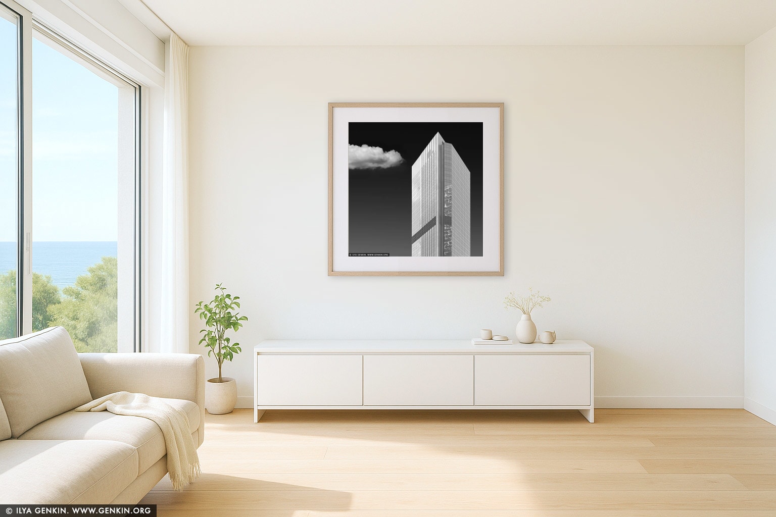 Monolith in the Sky - Gateway Tower in Black & White wall art in a modern living room interior