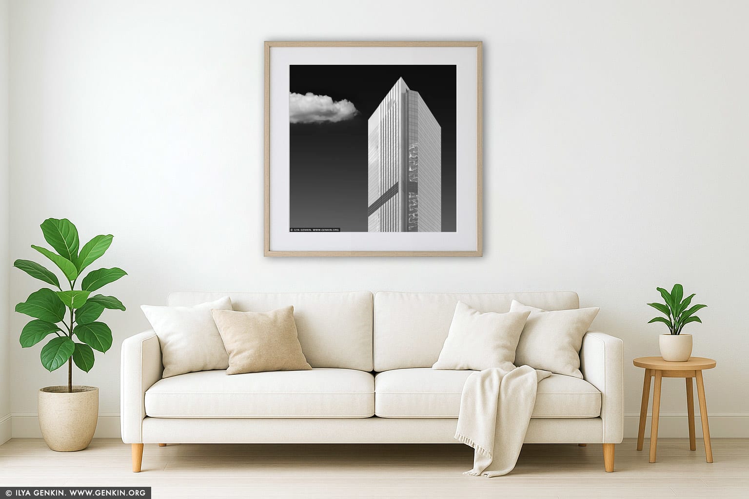 Monolith in the Sky - Gateway Tower in Black & White wall art in a luxury living room interior