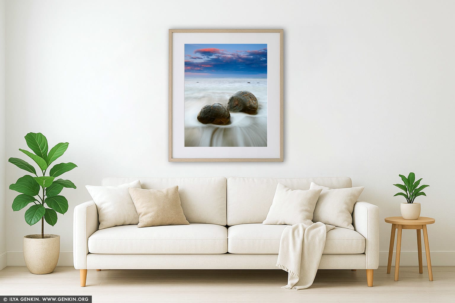 Moeraki Boulders at Sunset wall art in a modern living room interior