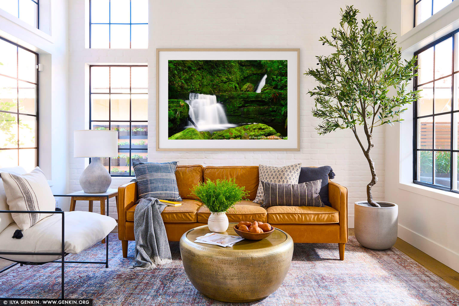 Lower McLean Falls wall art in a minimalist living room interior