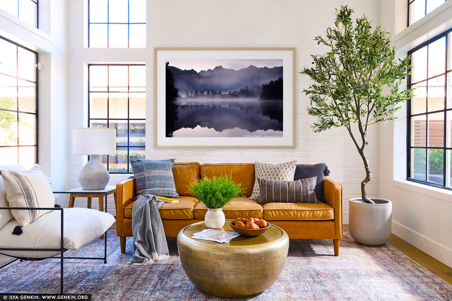 Mt Tasman and Aoraki/Mt Cook reflected in Lake Matheson wall art in a modern living room interior