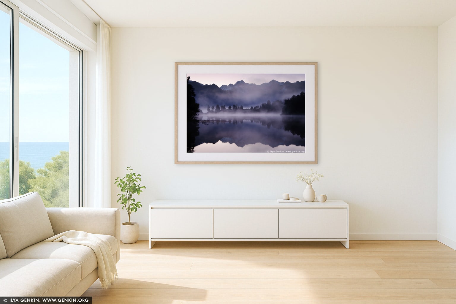Mt Tasman and Aoraki/Mt Cook reflected in Lake Matheson wall art in a modern living room interior
