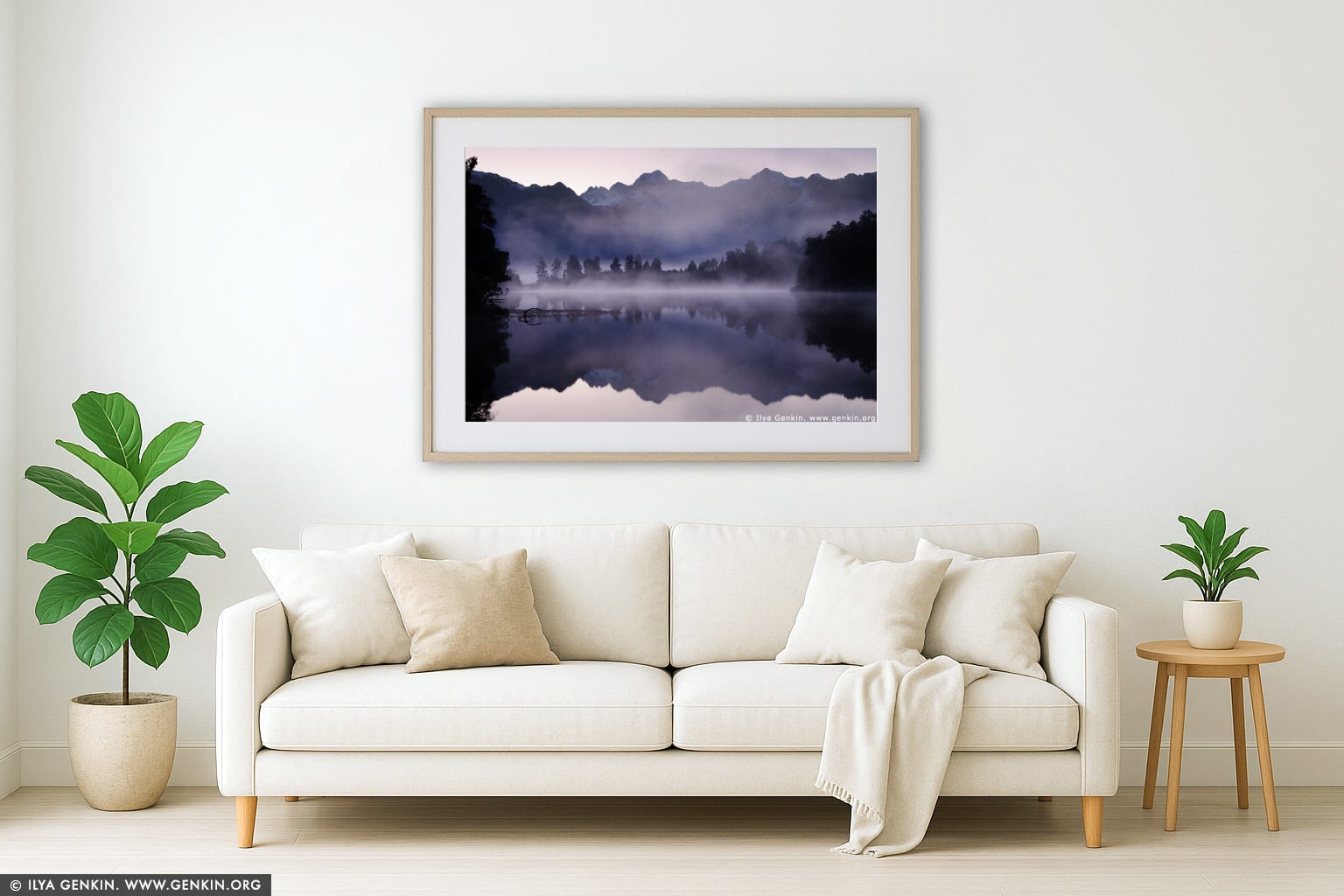 Mt Tasman and Aoraki/Mt Cook reflected in Lake Matheson wall art in a luxury living room interior