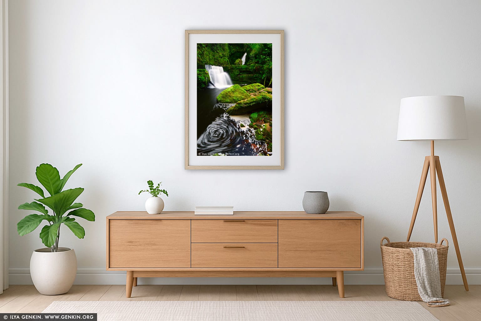 Lower McLean Falls wall art in a minimalist living room interior