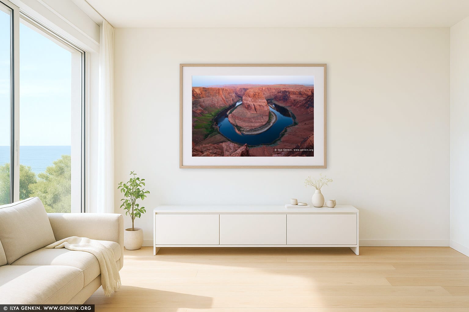 Horseshoe Bend at Twilight wall art in a minimalist living room interior