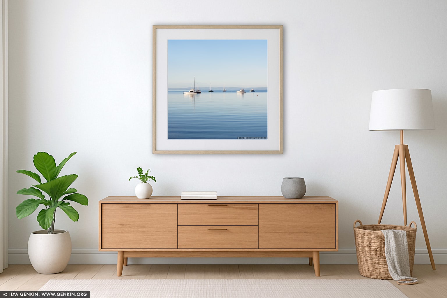 Calm Morning at Coles Bay wall art in a minimalist living room interior