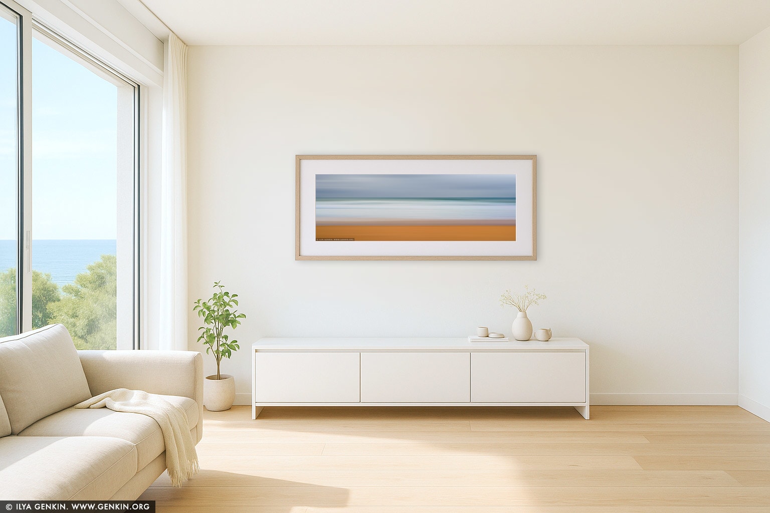 Flow and Motion #2, Narrabeen, Cloudy wall art in a minimalist living room interior