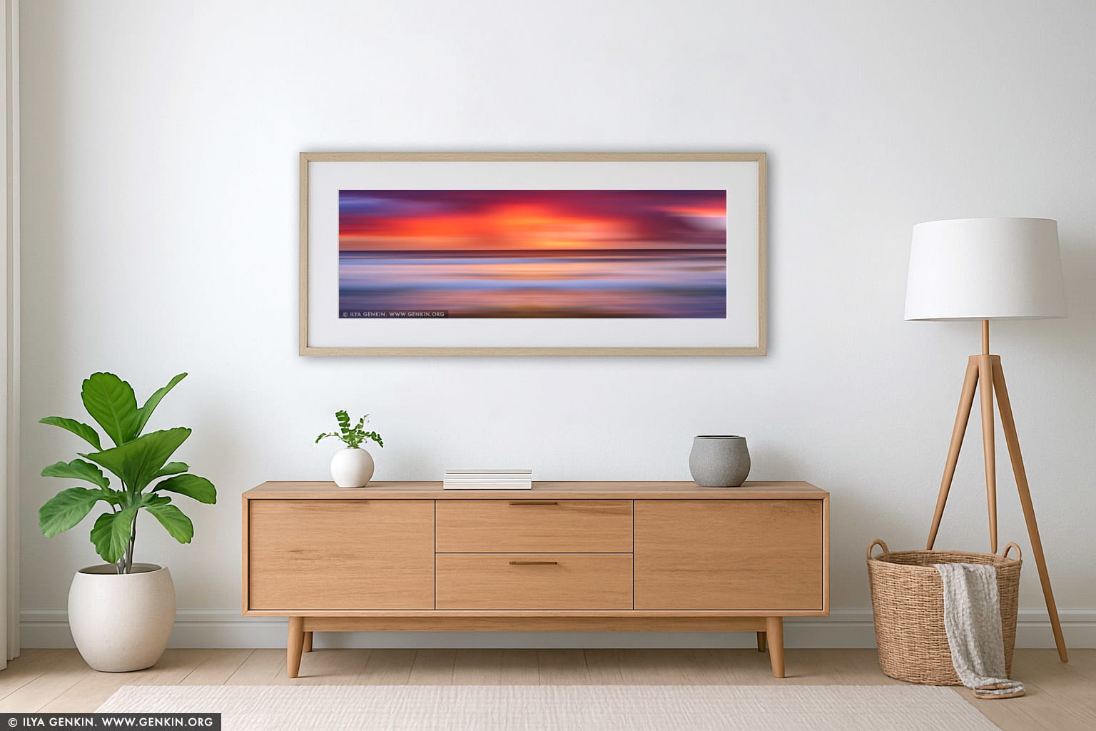 Flow and Motion #7, Turimetta Beach - Stormy Sunrise wall art in a modern living room interior