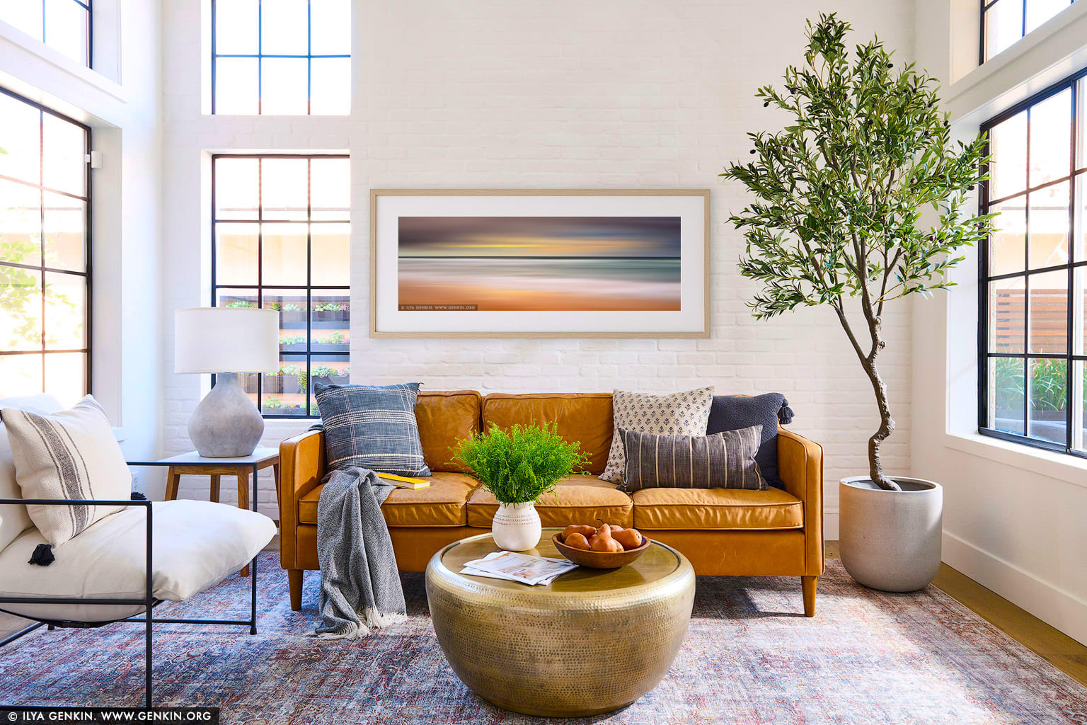 Flow and Motion #8, Long Reef Beach - Stormy Sunrise wall art in a modern living room interior
