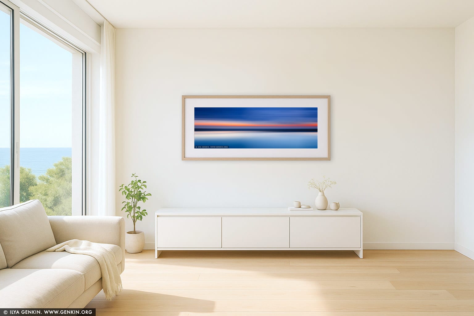 Flow and Motion #9, Northern Beaches Sunrise wall art in a contemporary living room interior