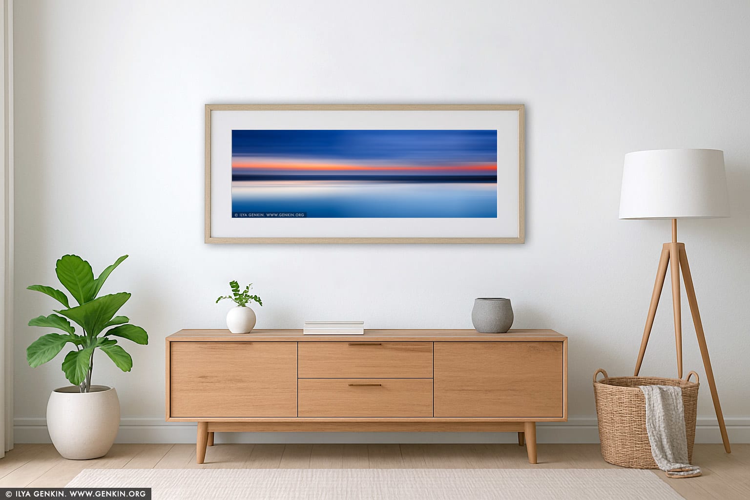 Flow and Motion #9, Northern Beaches Sunrise wall art in a minimalist living room interior