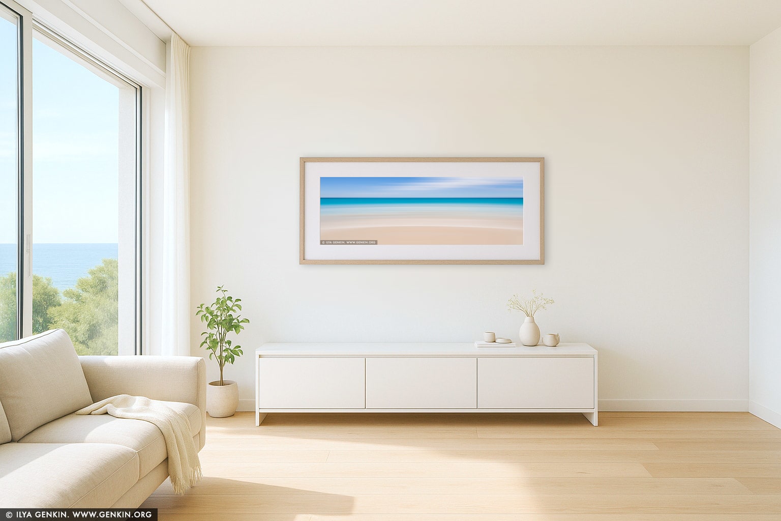 Flow and Motion #12, Bunker Bay Beach, Sunny wall art in a modern living room interior