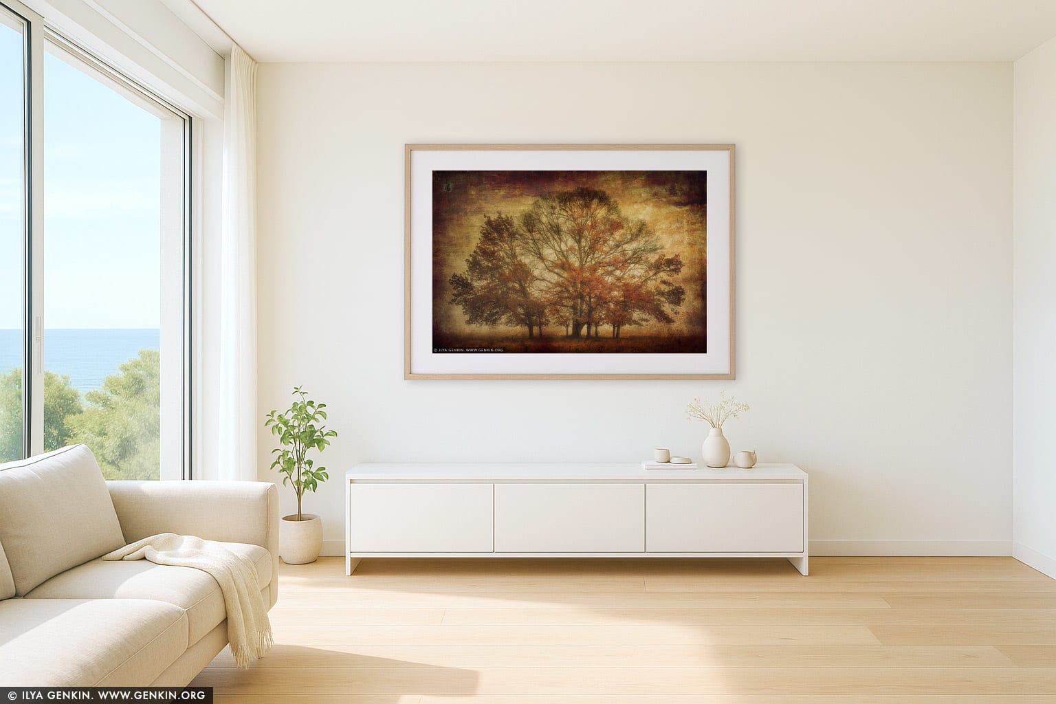 Trees in Mist wall art in a contemporary living room interior