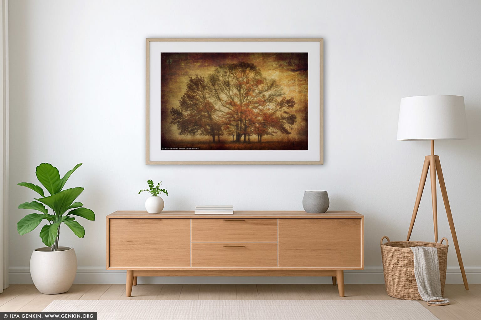 Trees in Mist wall art in a minimalist living room interior