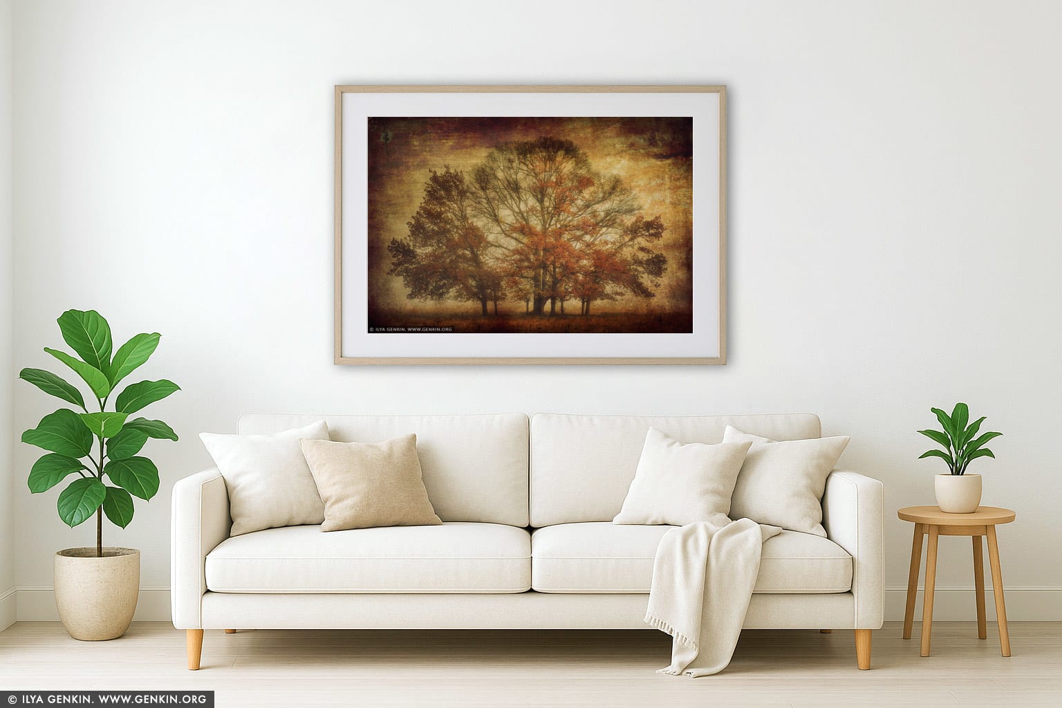 Trees in Mist wall art in a modern living room interior