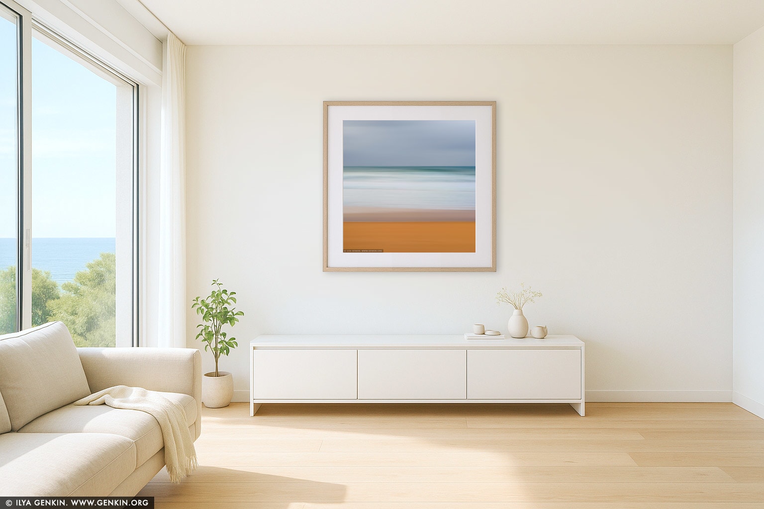 Layers of Sand, Water and Sky #3 wall art in a minimalist living room interior