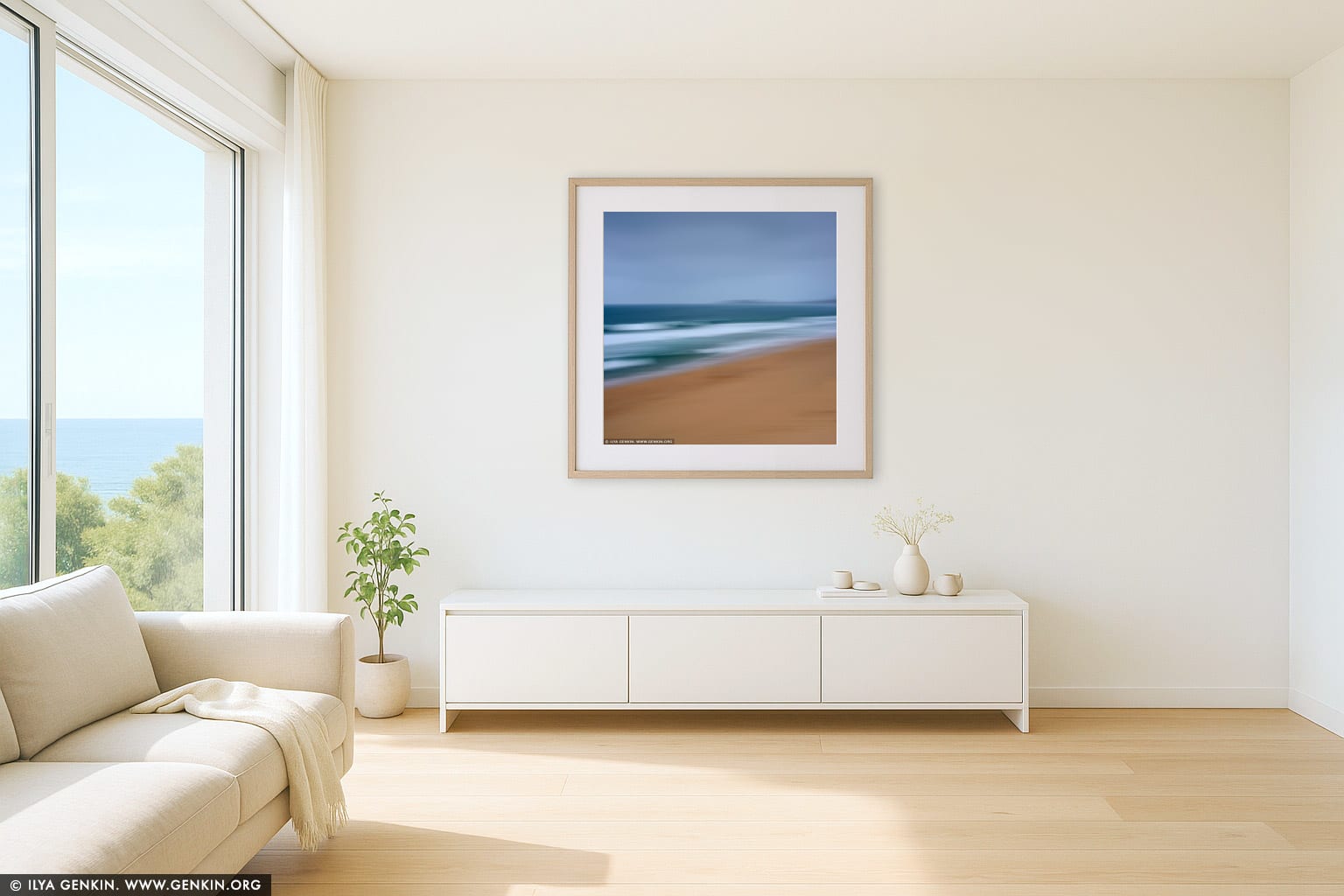 Layers of Sand, Water and Sky #4 wall art in a luxury living room interior