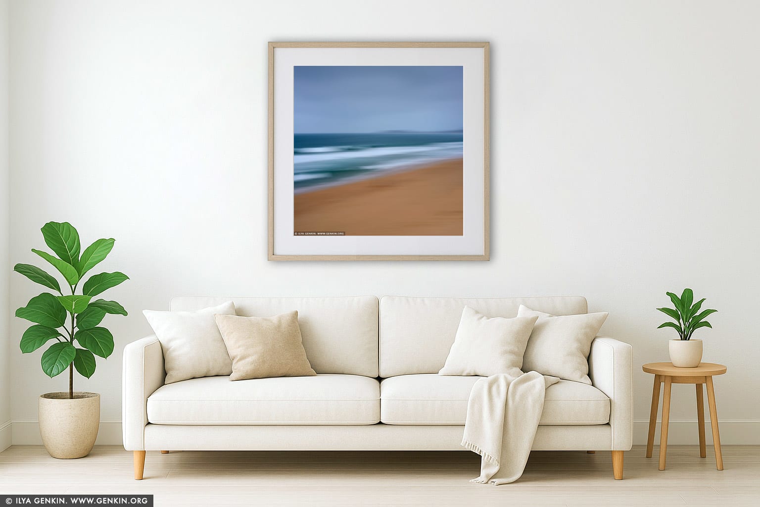 Layers of Sand, Water and Sky #4 wall art in a minimalist living room interior