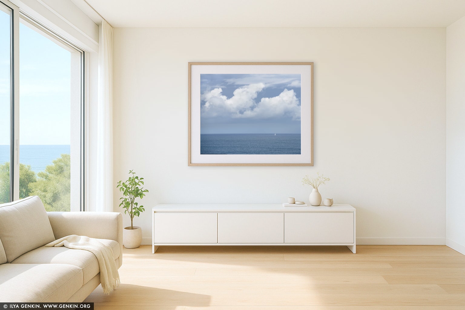 Lonely Yacht on Pacific Ocean wall art in a contemporary living room interior