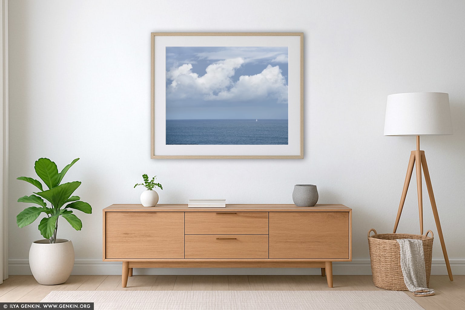 Lonely Yacht on Pacific Ocean wall art in a minimalist living room interior