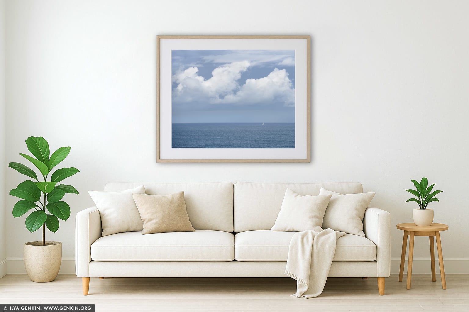 Lonely Yacht on Pacific Ocean wall art in a modern living room interior