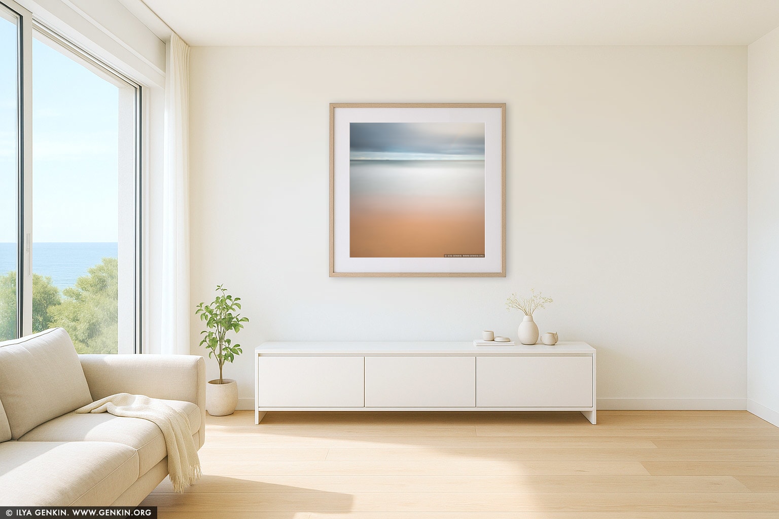 Sandy Beach and the Ocean wall art in a luxury living room interior