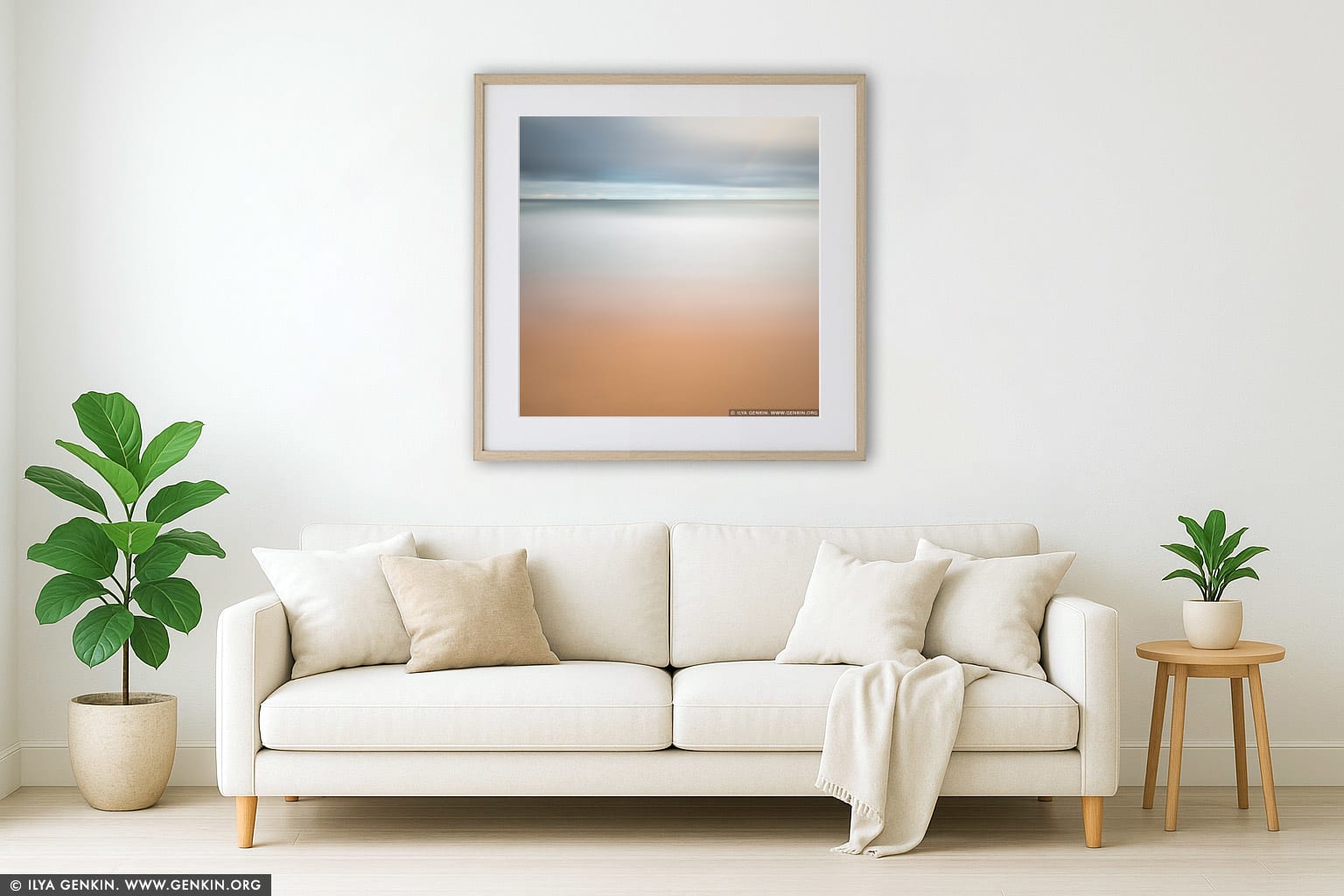 Sandy Beach and the Ocean wall art in a minimalist living room interior